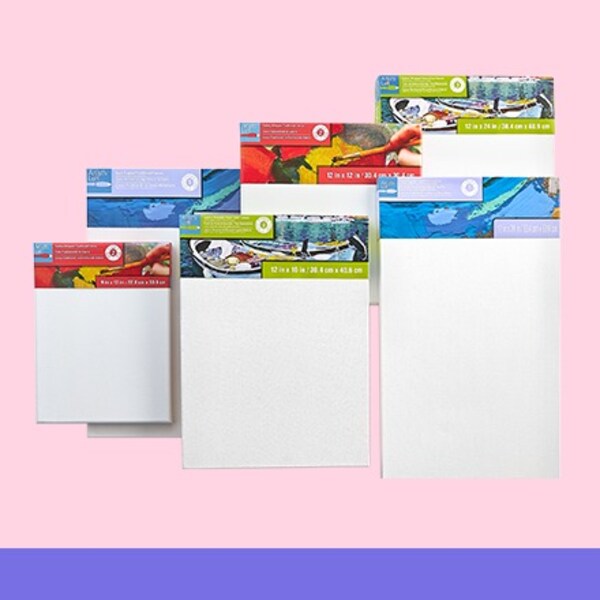 six white canvases in assorted sizes